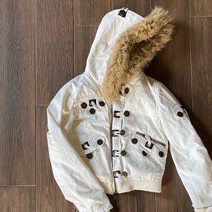 Guess Cream Jacket with Faux Fur Detail